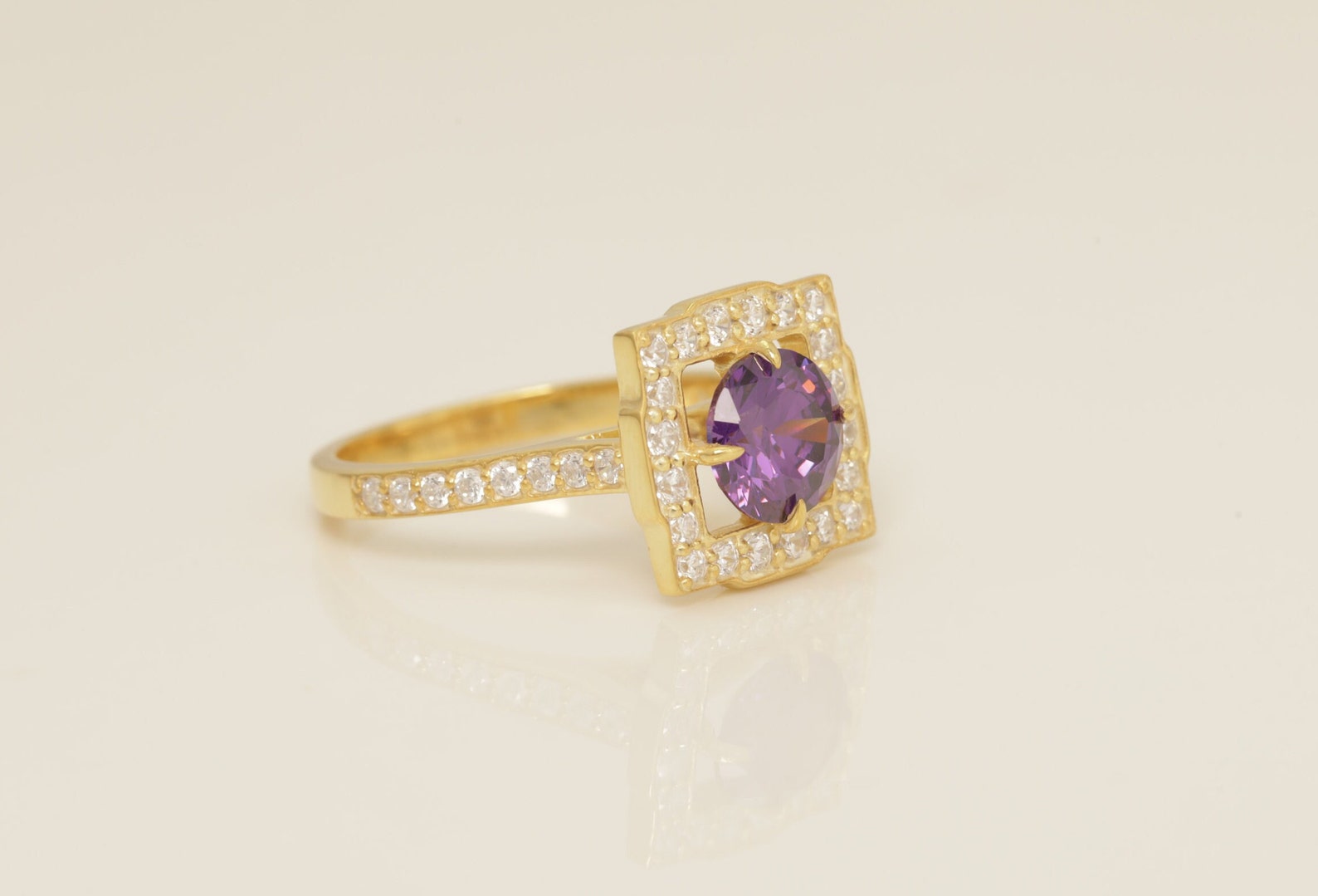 Diamond Halo Amethyst Engagement Ring, February Birthstone Ring, Bridal Promise Ring for Women, Anniversary Ring